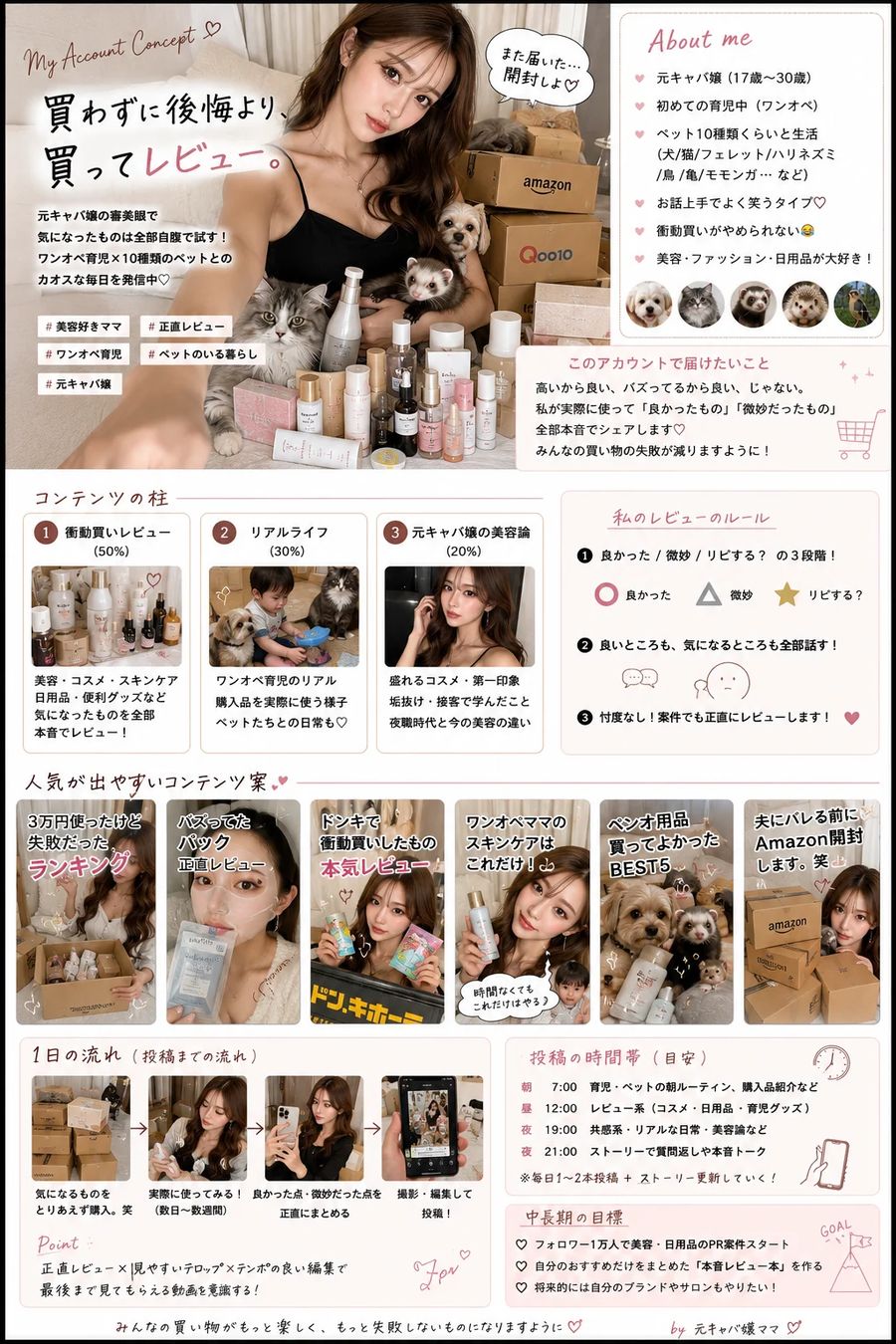 コンセプトGPTsで実際に作ったアカウント例。元キャバ嬢のコスメレビューアカウントの設計シート
